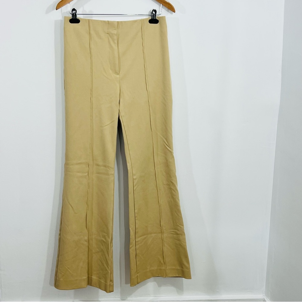 Ann Taylor Beige Tan Stretch Flare Ponte Pants Pressed Seam Adds Slimming Look
